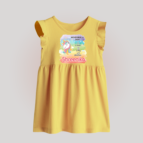 Baby's First Birthday Stat Baby Frock | Personalized Baby Frock with Birth Info - PASTEL YELLOW - 0 - 3 Months Old (Chest 17")