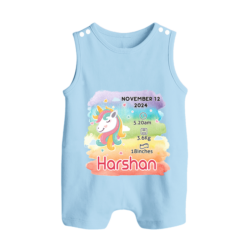 Baby's First Birthday Stat Romper Suit/Sleeveless Romper | Personalized Romper Suit/Sleeveless Romper with Birth Info - BABY BLUE - 0 - 5 Months Old (Chest 18")