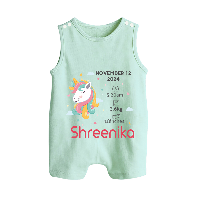 Birth Record Romper Suit/ Sleeveless Romper for Newborns | Unique Gift for New Parents - MINT GREEN - 0 - 5 Months Old (Chest 18")