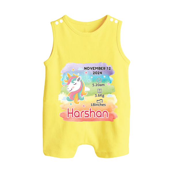 Baby's First Birthday Stat Romper Suit/Sleeveless Romper | Personalized Romper Suit/Sleeveless Romper with Birth Info - PASTEL YELLOW - 0 - 5 Months Old (Chest 18")