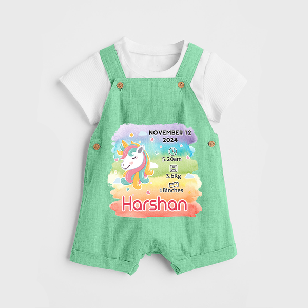 Baby's First Birthday Stat Dungaree Set | Personalized Dungaree Set with Birth Info - GREEN - 0 - 5 Months Old (Chest 18")