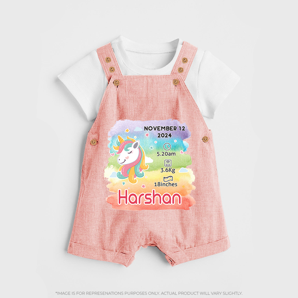 Baby's First Birthday Stat Dungaree Set | Personalized Dungaree Set with Birth Info - PEACH - 0 - 5 Months Old (Chest 18")
