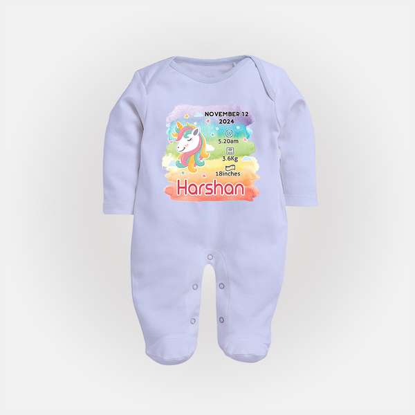 Baby's First Birthday Stat Sleep Suit/Full sleeve body suit | Personalized Sleep Suit/Full sleeve body suit with Birth Info - BABY BLUE - New Born (Chest 7.5")