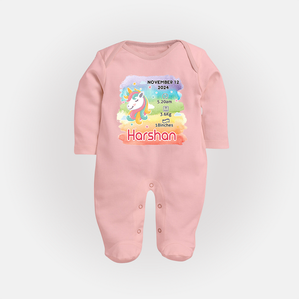 Baby's First Birthday Stat Sleep Suit/Full sleeve body suit | Personalized Sleep Suit/Full sleeve body suit with Birth Info - BABY PINK - New Born (Chest 7.5")