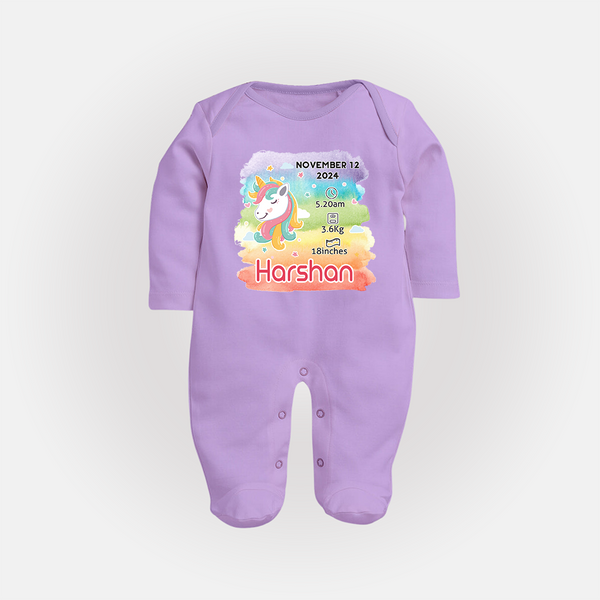 Baby's First Birthday Stat Sleep Suit/Full sleeve body suit | Personalized Sleep Suit/Full sleeve body suit with Birth Info - LILAC - New Born (Chest 7.5")