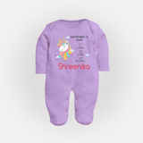 Birth Record Sleep Suit/ Full Sleeve Bodysuit for Newborns | Unique Gift for New Parents - LILAC - New Born (Chest 7.5")