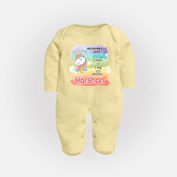 Baby's First Birthday Stat Sleep Suit/Full sleeve body suit | Personalized Sleep Suit/Full sleeve body suit with Birth Info - PASTEL YELLOW - New Born (Chest 7.5")