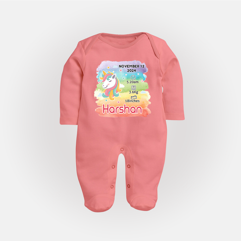 Baby's First Birthday Stat Sleep Suit/Full sleeve body suit | Personalized Sleep Suit/Full sleeve body suit with Birth Info - PEACH - New Born (Chest 7.5")