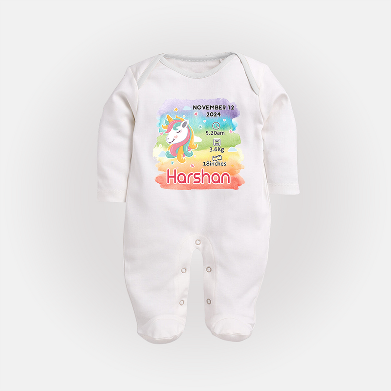 Baby's First Birthday Stat Sleep Suit/Full sleeve body suit | Personalized Sleep Suit/Full sleeve body suit with Birth Info - WHITE - New Born (Chest 7.5")
