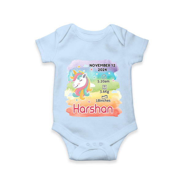 Baby's First Birthday Stat Romper | Personalized Romper with Birth Info - BABY BLUE - New Born (Chest 14")