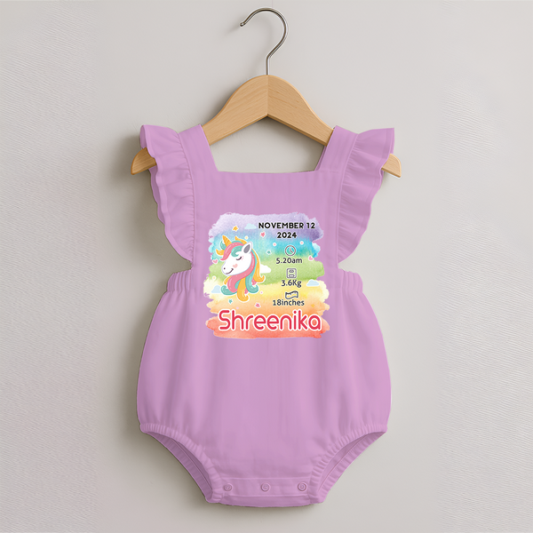 Baby's First Birthday Stat Romper Frock | Personalized Romper Frock with Birth Info - BABY PINK - 0 - 3 Months Old (Chest 19")