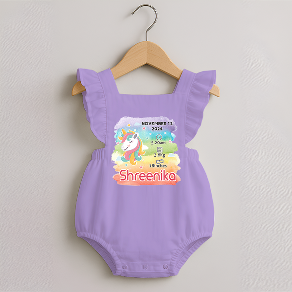 Baby's First Birthday Stat Romper Frock | Personalized Romper Frock with Birth Info - LILAC - 0 - 3 Months Old (Chest 19")