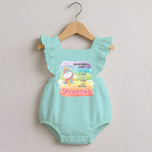 Baby's First Birthday Stat Romper Frock | Personalized Romper Frock with Birth Info - MINT GREEN - 0 - 3 Months Old (Chest 19")
