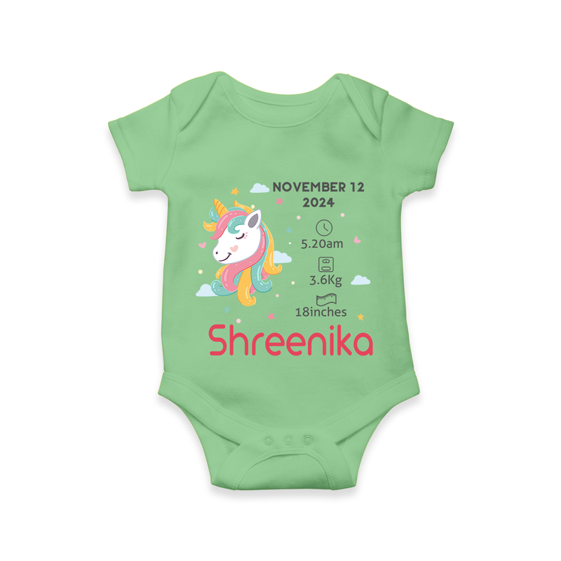 "First Moments - Customized Romper With Baby Name, Weight, And Birth Details" - GREEN - 0 - 3 Months Old (Chest 16")