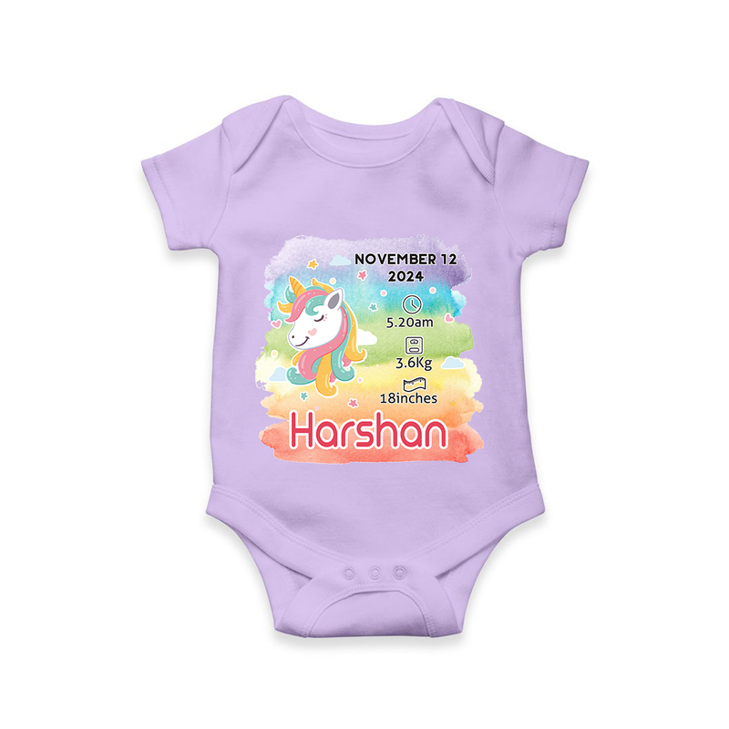 Baby's First Birthday Stat Romper | Personalized Romper with Birth Info - LILAC - New Born (Chest 14")