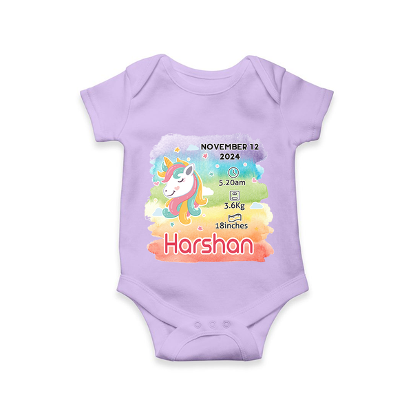 Baby's First Birthday Stat Romper | Personalized Romper with Birth Info - LILAC - New Born (Chest 14")