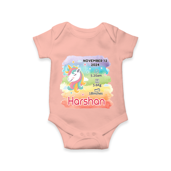 Baby's First Birthday Stat Romper | Personalized Romper with Birth Info - PEACH - New Born (Chest 14")