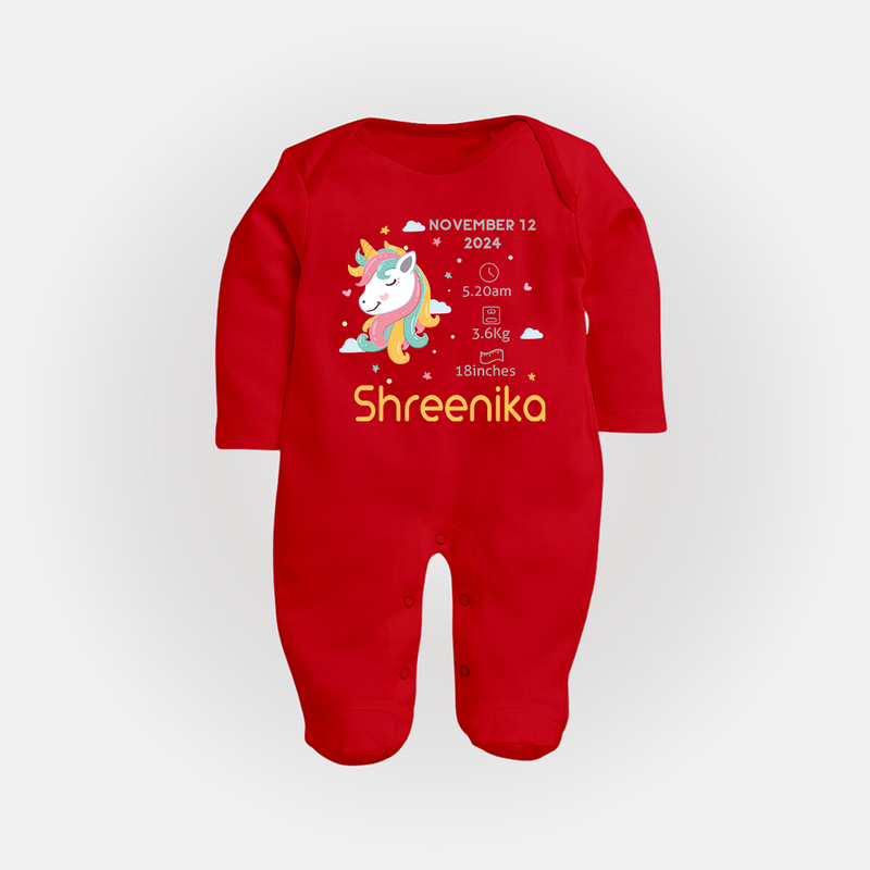 Birth Record Sleep Suit/ Full Sleeve Bodysuit for Newborns | Unique Gift for New Parents - RED - New Born (Chest 7.5")