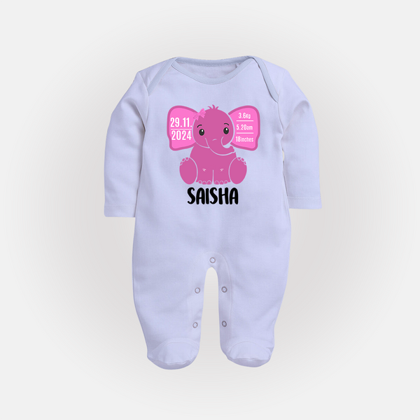My First Birthday Stats Sleep Suit/Full sleeve body suit | Custom Sleep Suit/Full sleeve body suit with Birth Details - BABY BLUE - New Born (Chest 7.5")