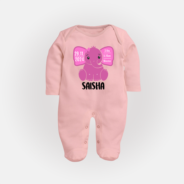 My First Birthday Stats Sleep Suit/Full sleeve body suit | Custom Sleep Suit/Full sleeve body suit with Birth Details - BABY PINK - New Born (Chest 7.5")