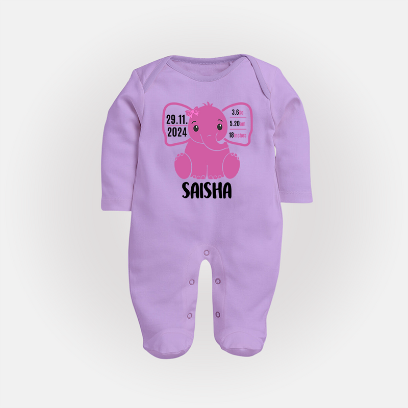 Celebrate Your Baby's Arrival | Custom Sleep Suit/ Full Sleeve Bodysuit Printed with Birth Information - LILAC - New Born (Chest 7.5")