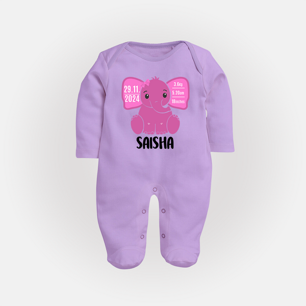 My First Birthday Stats Sleep Suit/Full sleeve body suit | Custom Sleep Suit/Full sleeve body suit with Birth Details - LILAC - New Born (Chest 7.5")