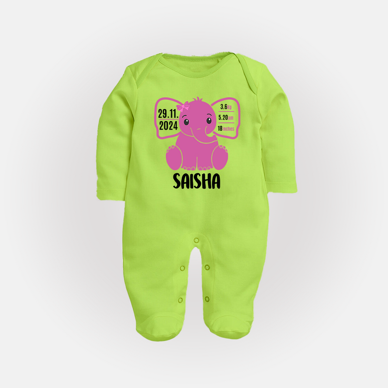 Celebrate Your Baby's Arrival | Custom Sleep Suit/ Full Sleeve Bodysuit Printed with Birth Information - LIME GREEN - New Born (Chest 7.5")
