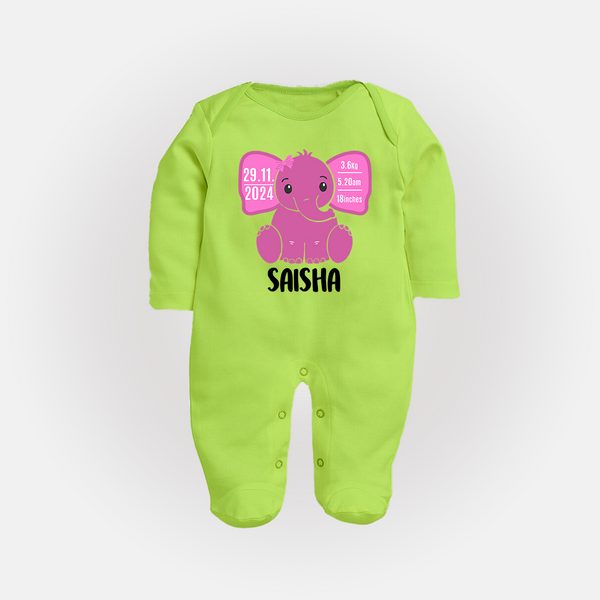 My First Birthday Stats Sleep Suit/Full sleeve body suit | Custom Sleep Suit/Full sleeve body suit with Birth Details - LIME GREEN - New Born (Chest 7.5")