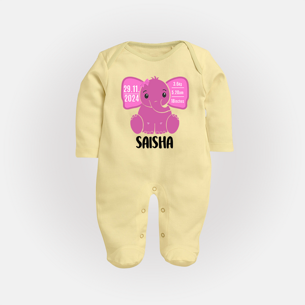 My First Birthday Stats Sleep Suit/Full sleeve body suit | Custom Sleep Suit/Full sleeve body suit with Birth Details - PASTEL YELLOW - New Born (Chest 7.5")