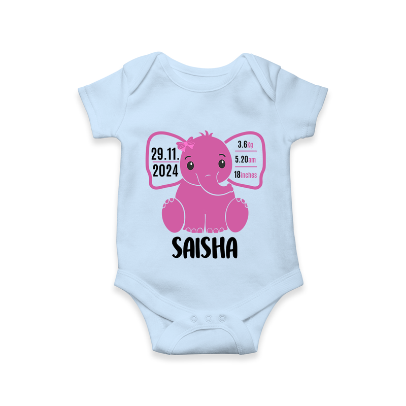 "Celebrating Birth - Customized Romper With Baby Name, Weight, And Birth Details" - BABY BLUE - 0 - 3 Months Old (Chest 16")