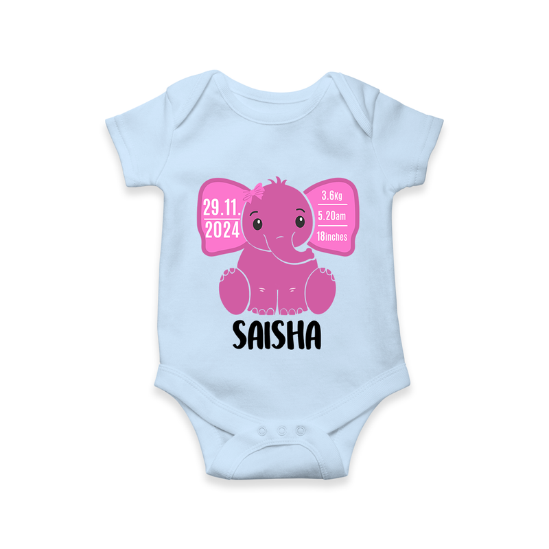 My First Birthday Stats Romper | Custom Romper with Birth Details - BABY BLUE - New Born (Chest 14")