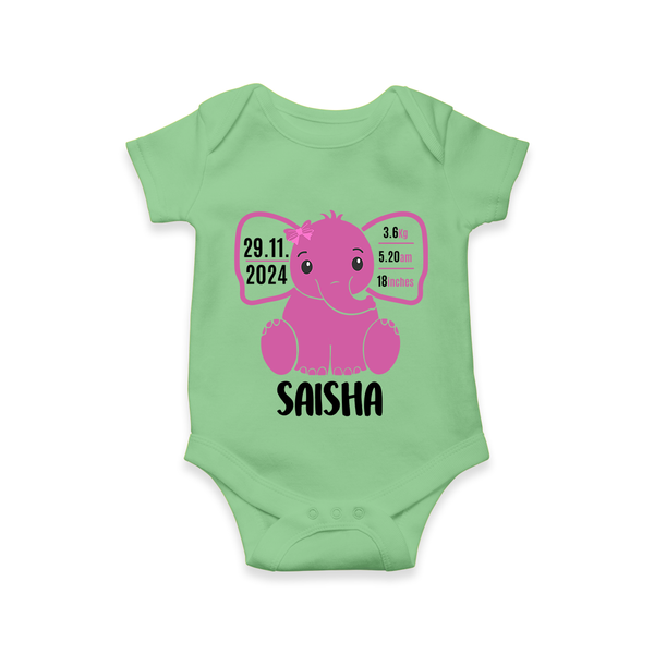 "Celebrating Birth - Customized Romper With Baby Name, Weight, And Birth Details" - GREEN - 0 - 3 Months Old (Chest 16")