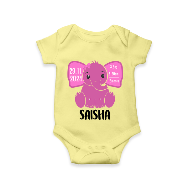 My First Birthday Stats Romper | Custom Romper with Birth Details - PASTEL YELLOW - New Born (Chest 14")