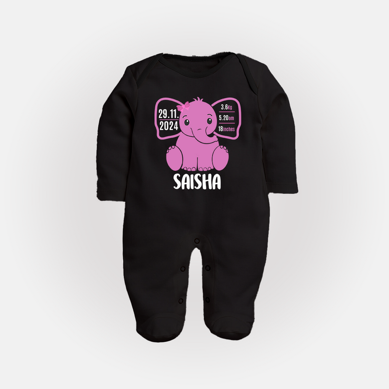 Celebrate Your Baby's Arrival | Custom Sleep Suit/ Full Sleeve Bodysuit Printed with Birth Information - BLACK - New Born (Chest 7.5")