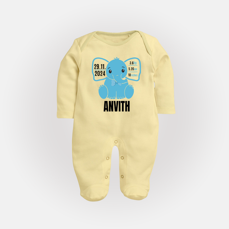 Personalized Infant Sleep Suit/ Full Sleeve Bodysuit | Comfy Keepsake with Baby's Birth Details - PASTEL YELLOW - New Born (Chest 7.5")