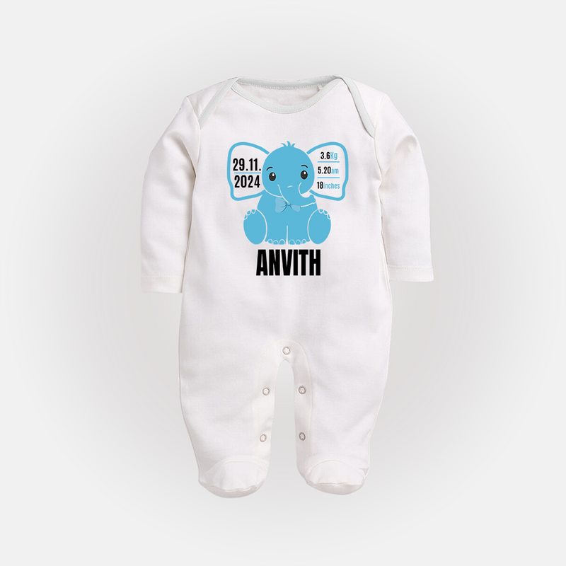 Personalized Infant Sleep Suit/ Full Sleeve Bodysuit | Comfy Keepsake with Baby's Birth Details - WHITE - New Born (Chest 7.5")