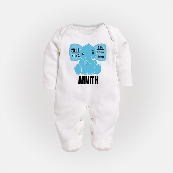 Custom Birthday Stat Sleep Suit/Full sleeve body suit for Baby | Personalized Sleep Suit/Full sleeve body suit with Birth Date, Time, and Weight - WHITE - New Born (Chest 7.5")