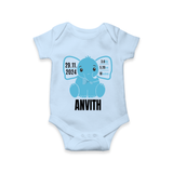 "Precious Arrival - Customized Romper With Baby Name, Weight, And Birth Details" - BABY BLUE - 0 - 3 Months Old (Chest 16")