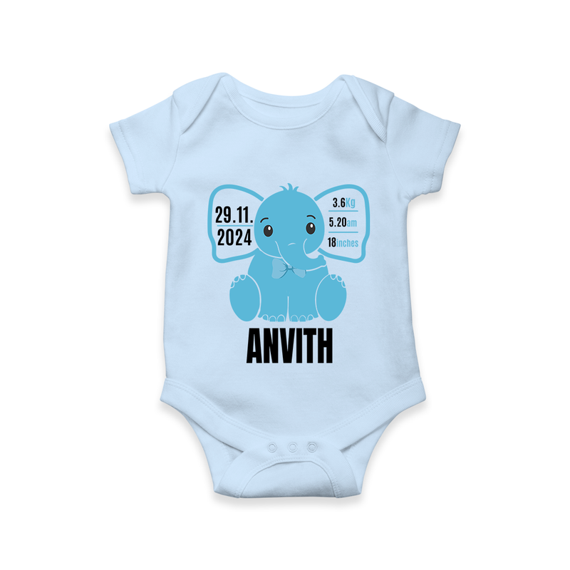 "Precious Arrival - Customized Romper With Baby Name, Weight, And Birth Details" - BABY BLUE - 0 - 3 Months Old (Chest 16")