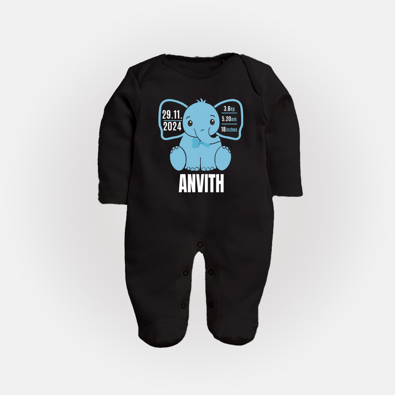 Personalized Infant Sleep Suit/ Full Sleeve Bodysuit | Comfy Keepsake with Baby's Birth Details - BLACK - New Born (Chest 7.5")