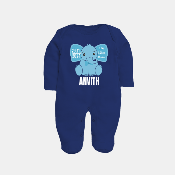 Custom Birthday Stat Sleep Suit/Full sleeve body suit for Baby | Personalized Sleep Suit/Full sleeve body suit with Birth Date, Time, and Weight - NAVY BLUE - New Born (Chest 7.5")