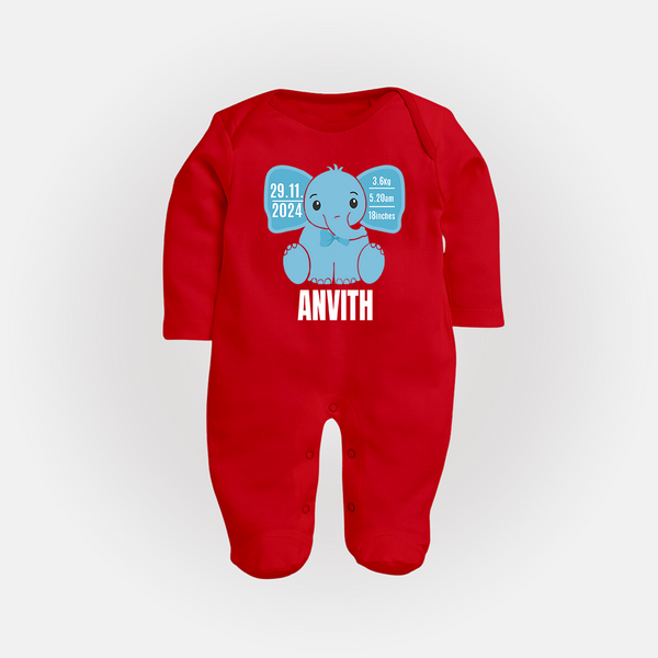Custom Birthday Stat Sleep Suit/Full sleeve body suit for Baby | Personalized Sleep Suit/Full sleeve body suit with Birth Date, Time, and Weight - RED - New Born (Chest 7.5")