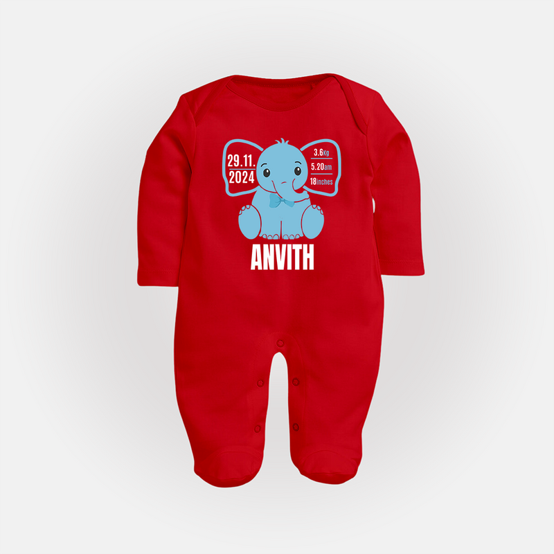 Personalized Infant Sleep Suit/ Full Sleeve Bodysuit | Comfy Keepsake with Baby's Birth Details - RED - New Born (Chest 7.5")