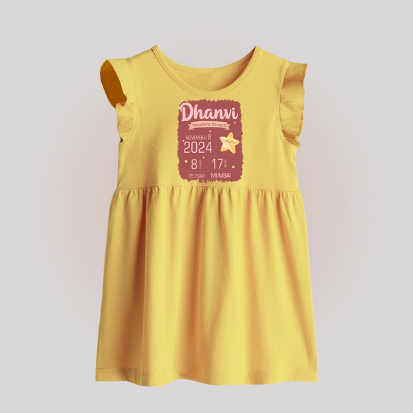 Personalized Birth Stats Baby Frock | Custom Baby Baby Frock with Name and Birth Information - PASTEL YELLOW - 0 - 3 Months Old (Chest 17")