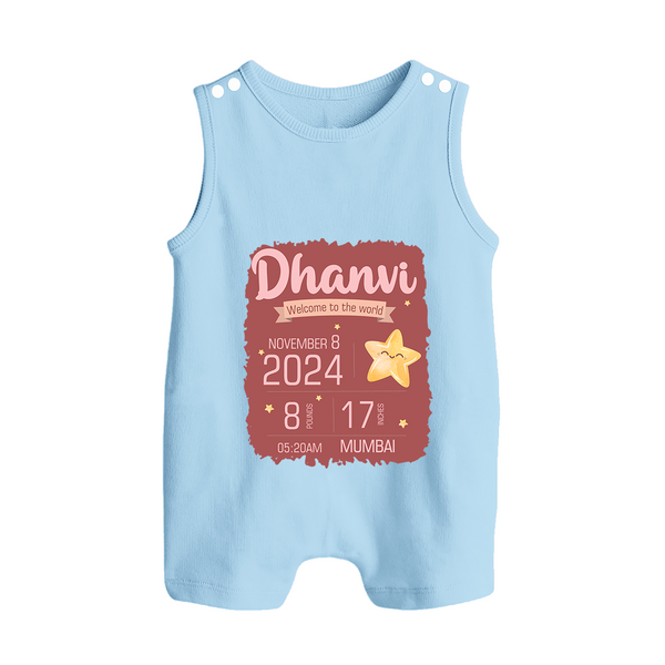 Personalized Birth Stats Romper Suit/Sleeveless Romper | Custom Baby Romper Suit/Sleeveless Romper with Name and Birth Information - BABY BLUE - 0 - 5 Months Old (Chest 18")