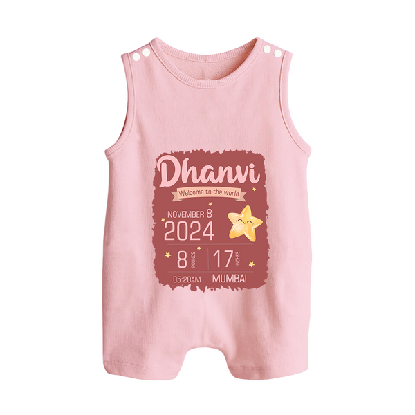 Personalized Birth Stats Romper Suit/Sleeveless Romper | Custom Baby Romper Suit/Sleeveless Romper with Name and Birth Information - BABY PINK - 0 - 5 Months Old (Chest 18")