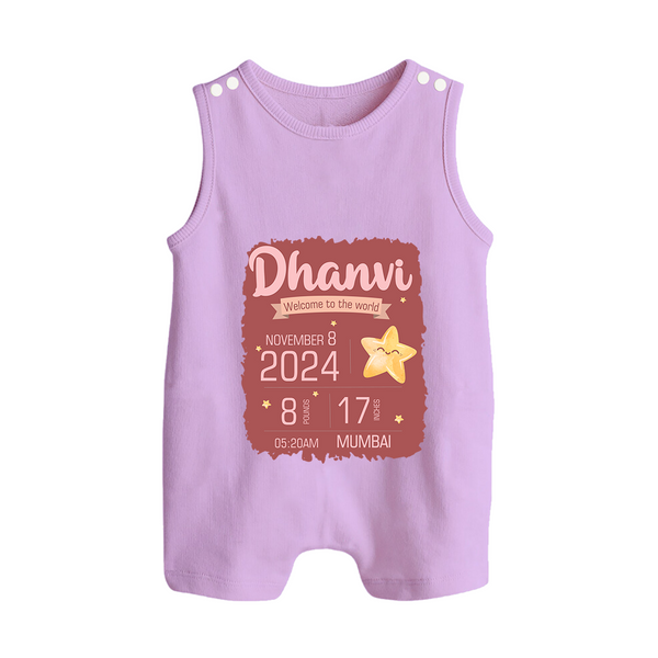 Personalized Birth Stats Romper Suit/Sleeveless Romper | Custom Baby Romper Suit/Sleeveless Romper with Name and Birth Information - LILAC - 0 - 5 Months Old (Chest 18")