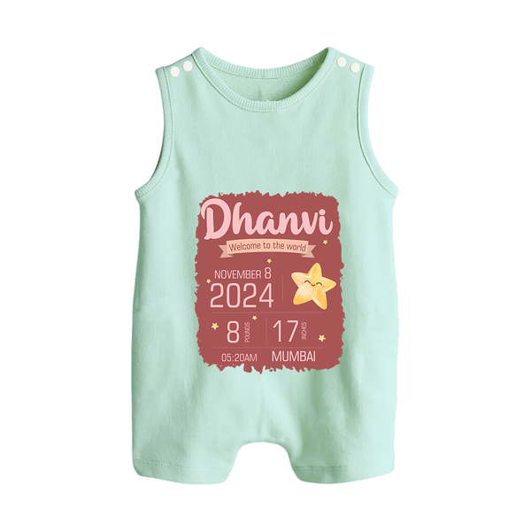 Personalized Birth Stats Romper Suit/Sleeveless Romper | Custom Baby Romper Suit/Sleeveless Romper with Name and Birth Information - MINT GREEN - 0 - 5 Months Old (Chest 18")