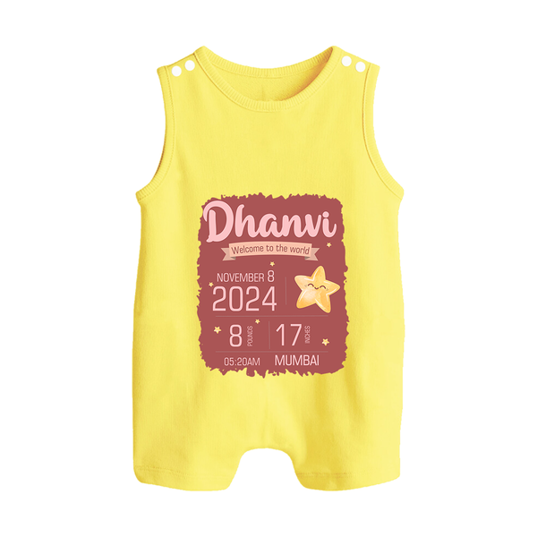 Personalized Birth Stats Romper Suit/Sleeveless Romper | Custom Baby Romper Suit/Sleeveless Romper with Name and Birth Information - PASTEL YELLOW - 0 - 5 Months Old (Chest 18")