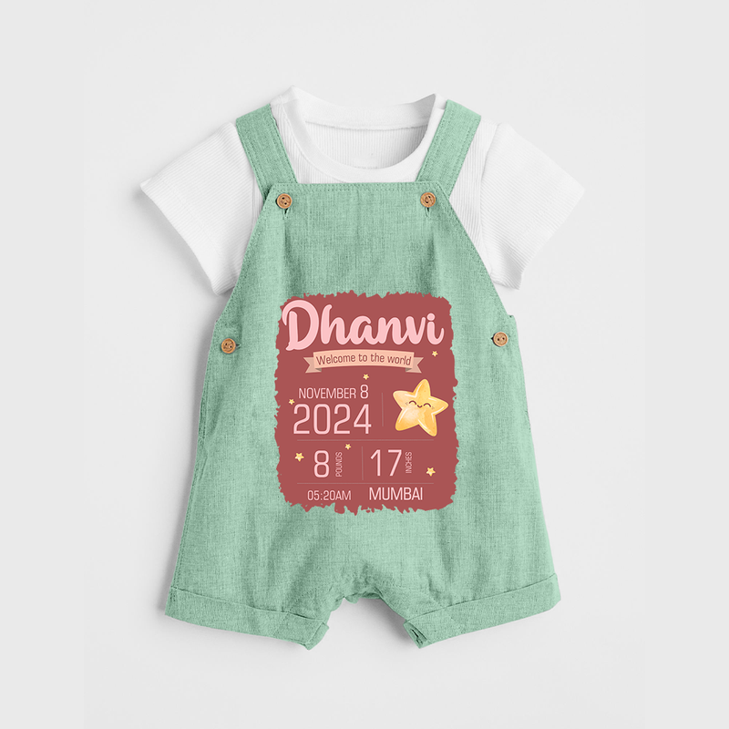 Personalized Birth Stats Dungaree Set | Custom Baby Dungaree Set with Name and Birth Information - MINT GREEN - 0 - 5 Months Old (Chest 18")